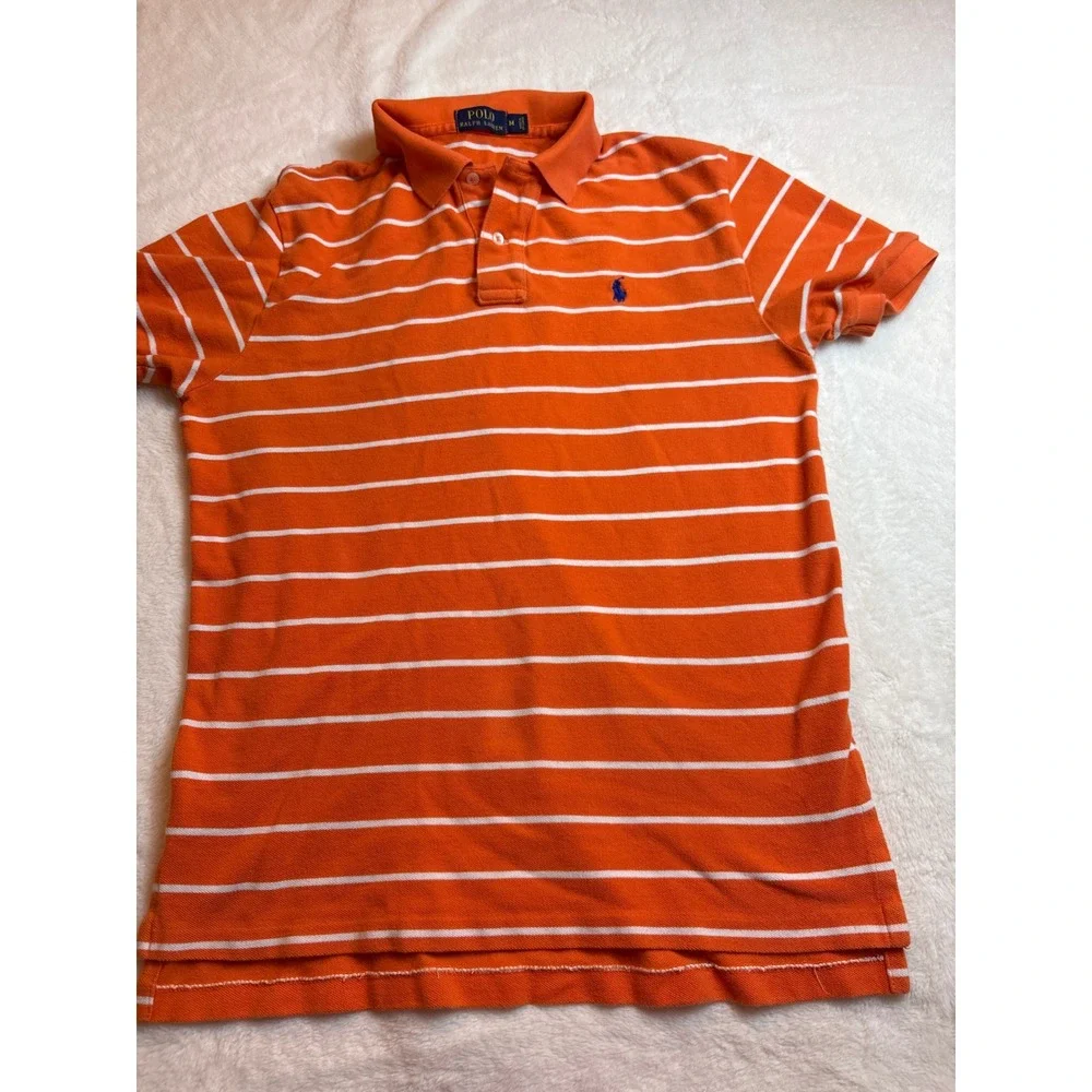 Polo Ralph Lauren Mens Orange White Striped Short Sleeve Pique Polo Shirt Medium